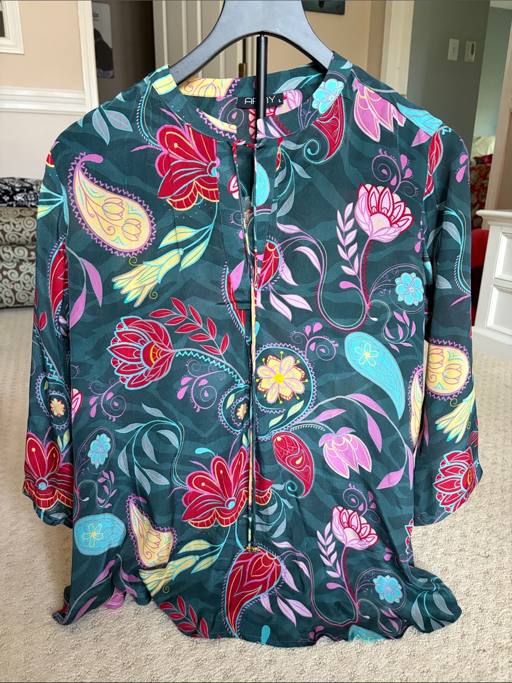 APNY Vibrant Floral Keyhole Blouse - Teal Multicolor